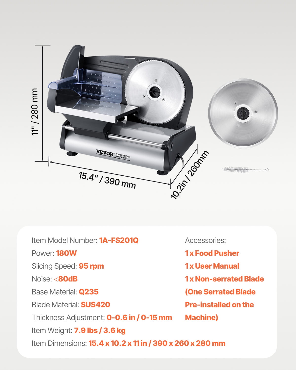VEVOR Meat Slicer, 7.5 inch Electric Deli Food Slicer, 180W Meat Cutter with two Premium SUS420 Blades, 0-0.6 inch Adjustable Thickness,Food Slicer Machine for Meat,Hard Bread and Cheese,Home Use