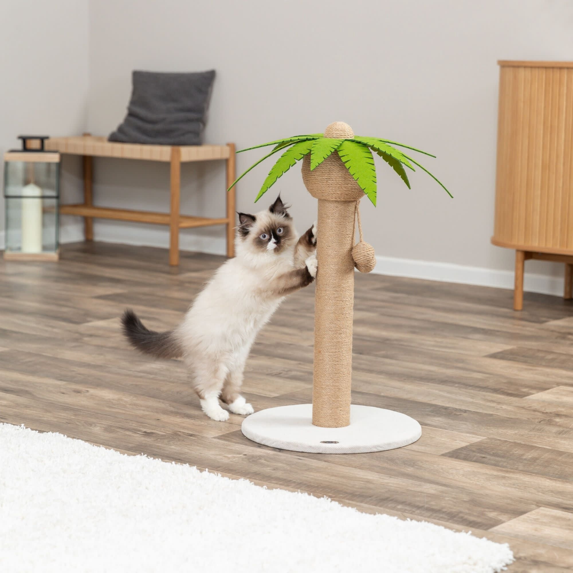 TRIXIE Palmela 25" Jute Scratching Post  - Cute Whimsical Cat Palm-Tree with Dangling Toys - Indoor Cat Scratcher Furniture