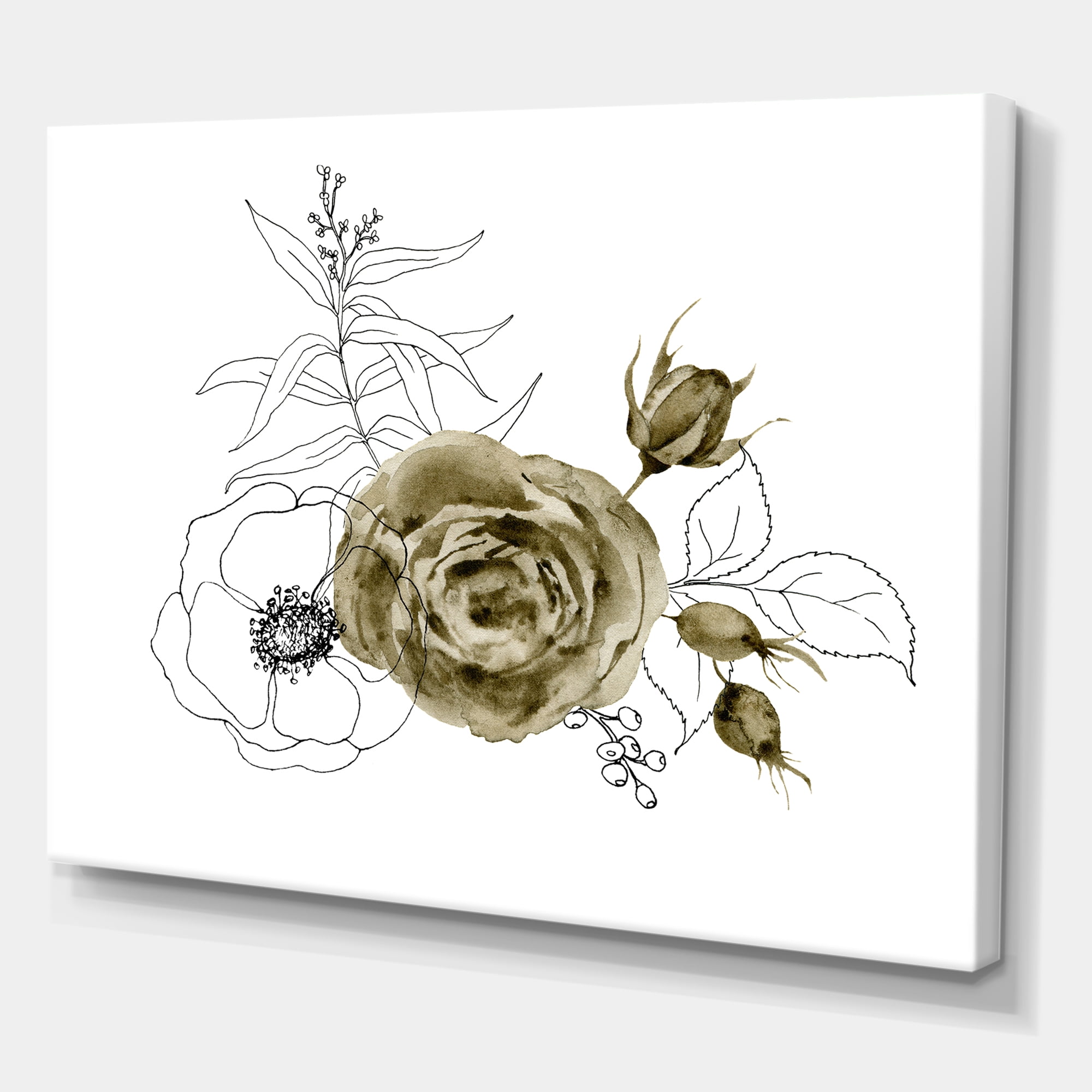 Designart ' Eucalyptus Branches With Anemone Bouquet Flower I ' Traditional Canvas Wall Art Print