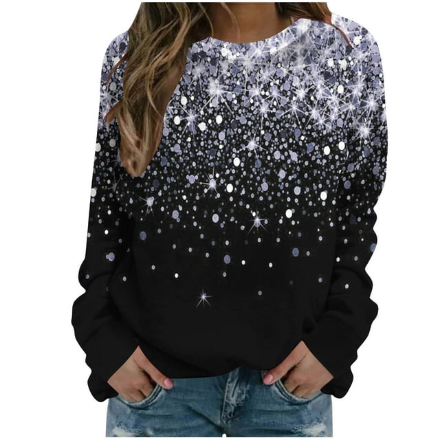 Bowake Sweat à Manches Longues à Sequins pour Femmes Col Rond Décontracté Hauts Pailletés pour Sortir Blouses de Fête