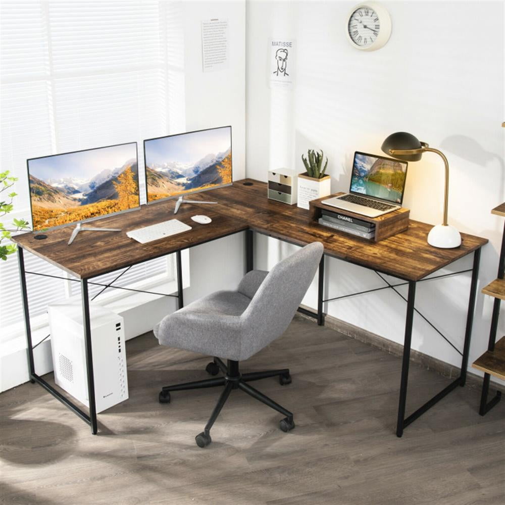 Demi Bonn 95" 2-Person L-Shaped Long Reversible Computer Desk with Monitor Stand, Small Home Office Desk Study Writing Table, Rustic Brown
