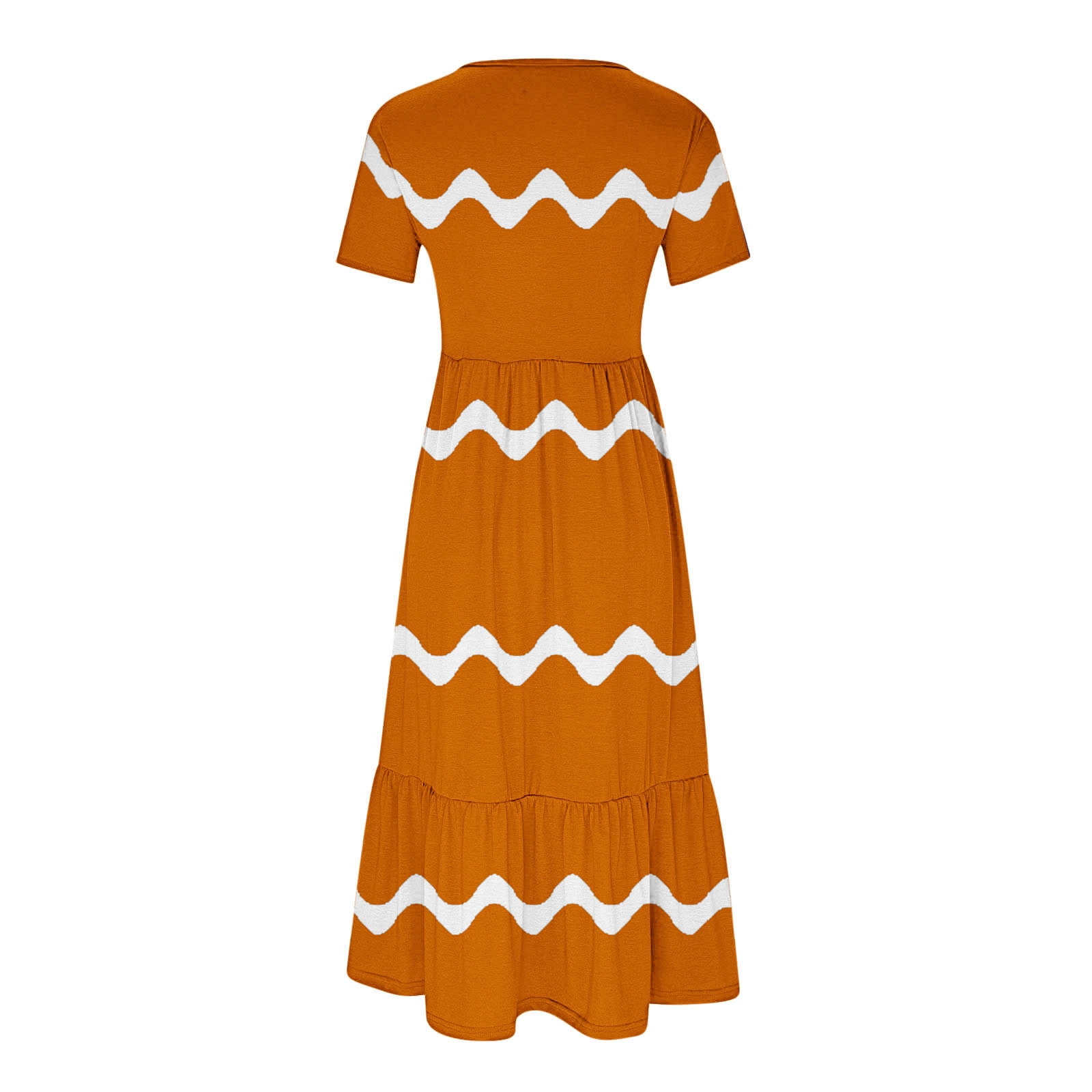 Womens Short Sleeve Mid Long Dress with Pockets Fashion Wave Striped Print Pleated Casual Tiered Maxi T-shirt Dress (Medium, Orange)