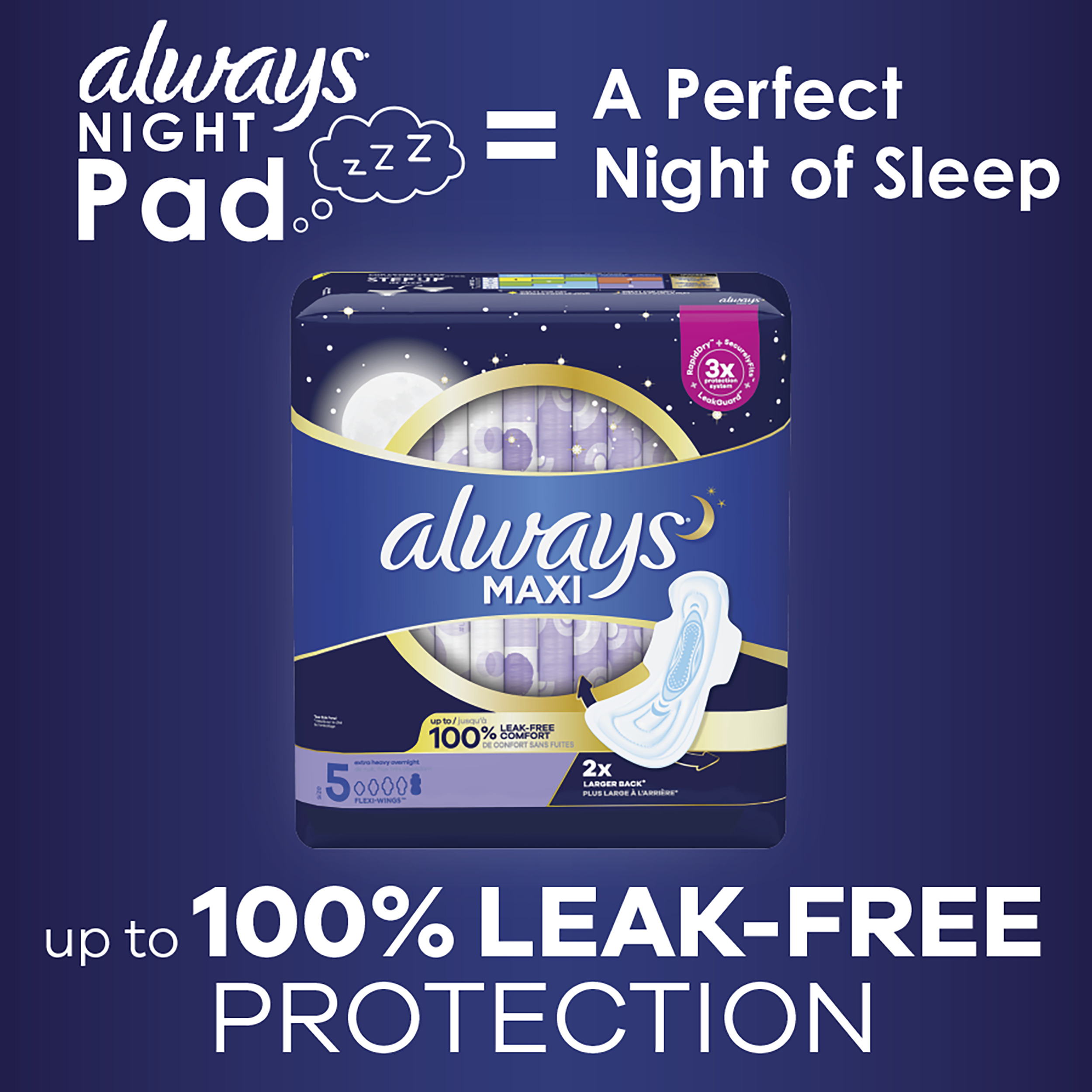 Always Maxi Pads with Wings, Size 5, Extra Heavy Overnight Absorbency, 27 CT