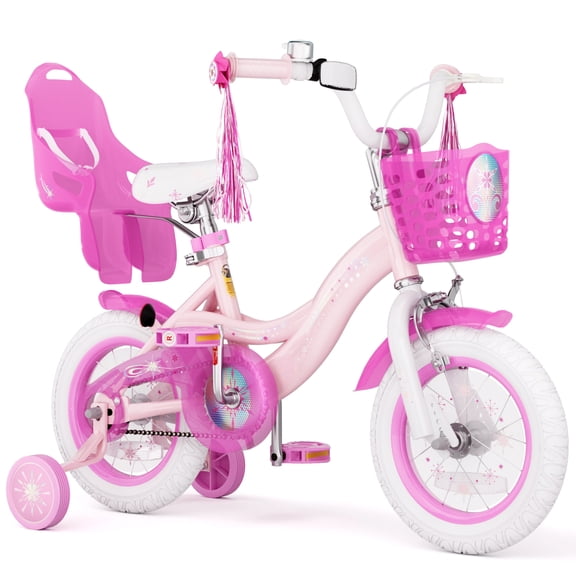 XJD 12 inch Toddler Girls Bike for age 2-4 Years Child Bike With Training Wheels, Kids Bike With Handbrake Basket, Princess Bicycle Pink