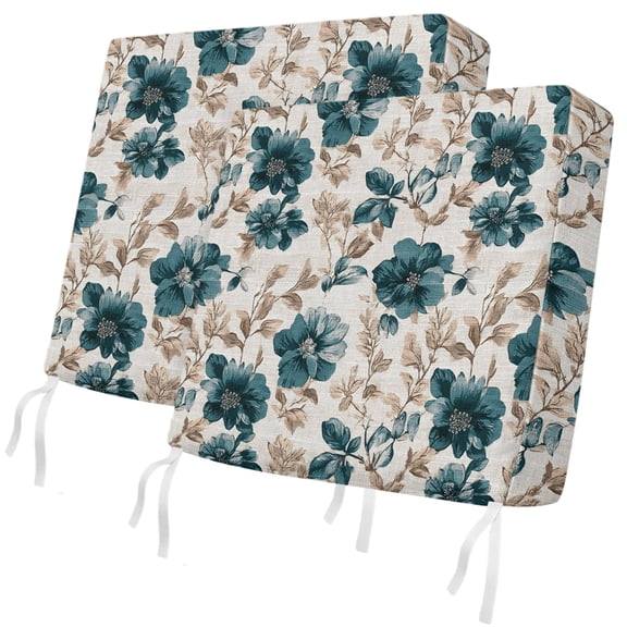 Outdoor Patio Cushion Covers 2 Pack Teal Blue Rose Bloom Chair Pads Slipcovers with Ties & Zipper Waterproof Seat Cover Floral Leaves Branches Seat Cushion Covers for Outdoor Couch Sofa 22x20 Inch