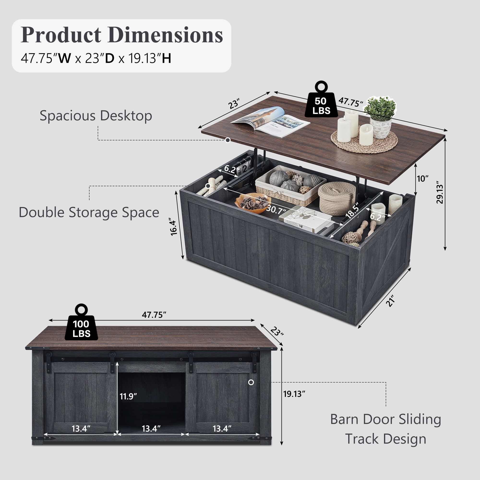 SinCiDo Farmhouse Coffee Table with Storage for Living Room, Lift Top Coffee Table w/Sliding Groove Barn Door