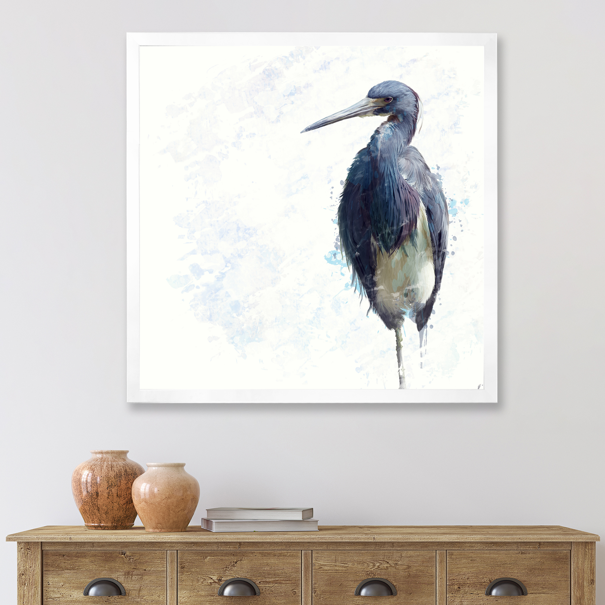 Designart 'Tricolored Heron Bird On White' Farmhouse Framed Art Print