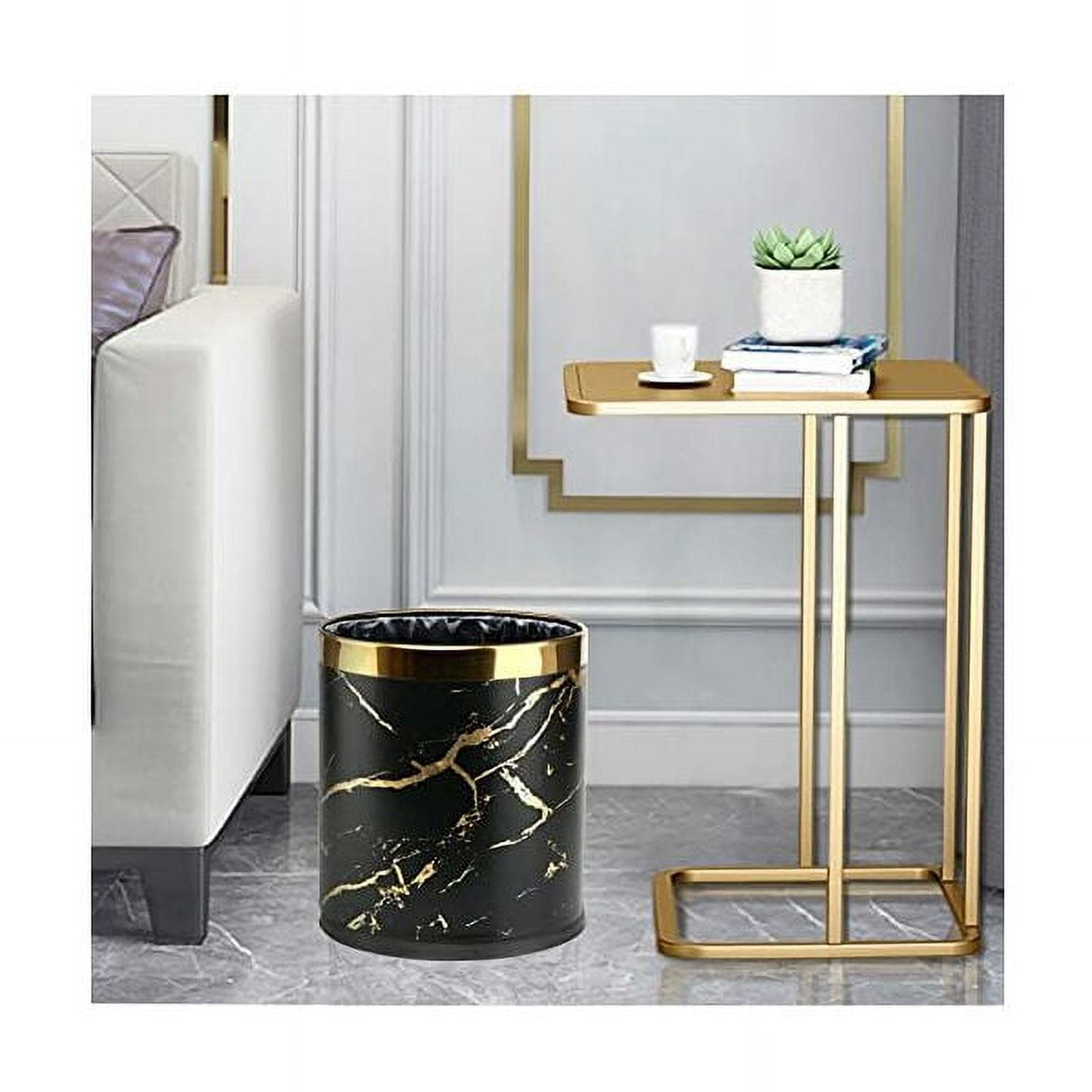 Double layered metal trash can, 10 liter marble textured trash can for bedrooms, bathrooms, living rooms, kitchens, offices, hotels (gold black marble)