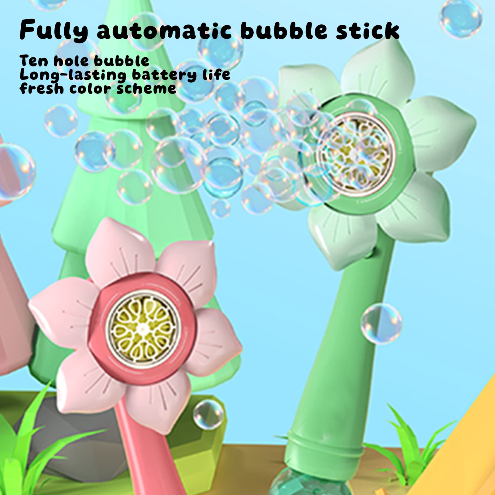 Sunflower Fully Automatic Bubble Machine, Snowflake Electric Bubble Blaster with Sound and Light, 360° Rotatable Portable Bubble Wand with 80ml Bubble Liquid for Outdoor Party Photo Prop