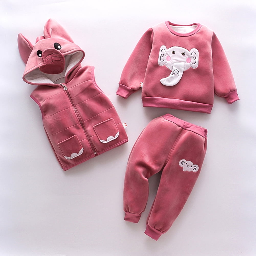 Esaierr 1-5Y Baby Boys Girls Sweatshirt Outfits Double-Sided Velvet Fall Winter Clothing Set Toddler Cartoon Elephant Three-Piece Set