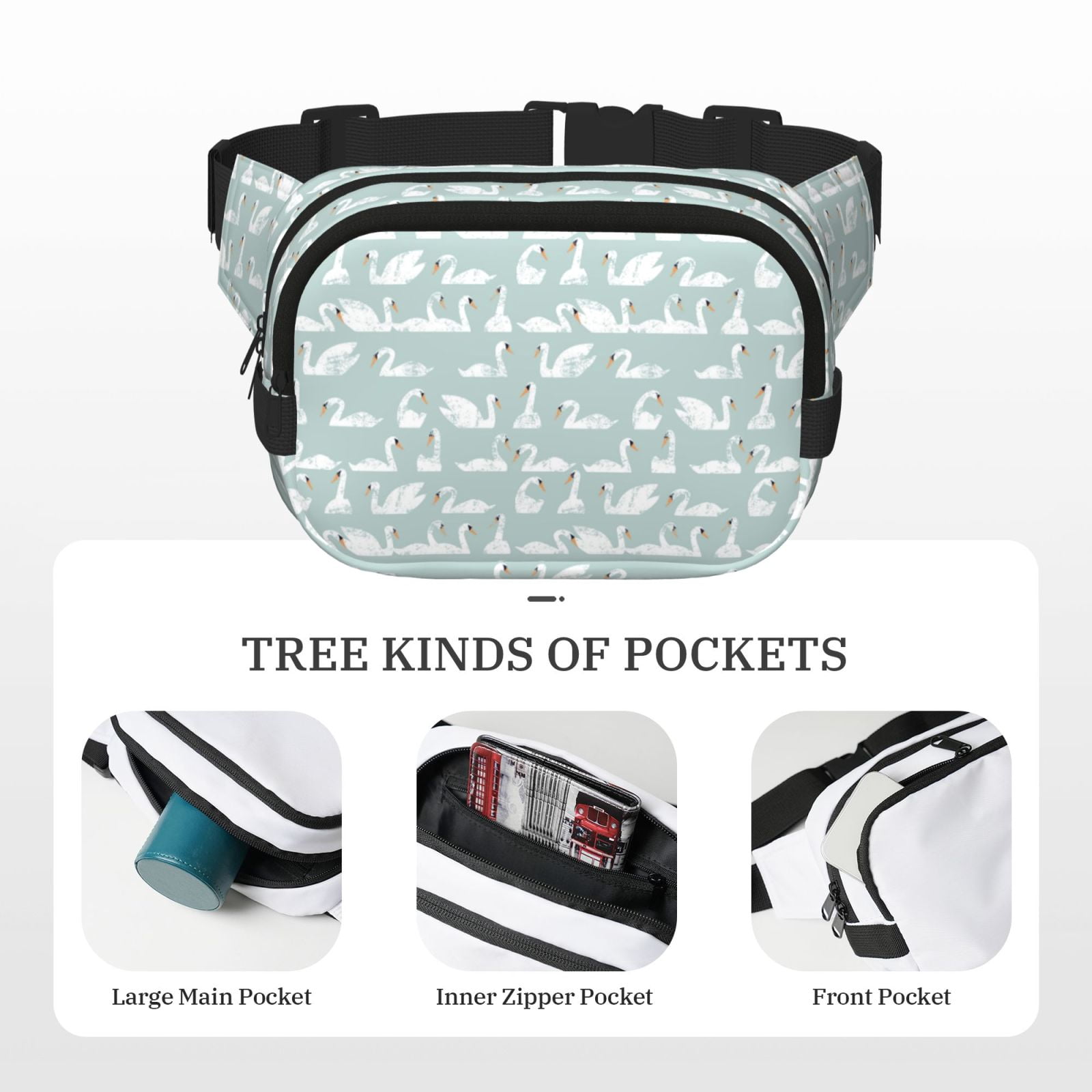 Hirioo White Swan for Double Layer Waist Bag Adjustable Fanny Pack For Travel Running Hiking