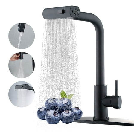 Black Kitchen Faucets with Pull Down Sprayer,Waterfall Kitchen Sink Faucet,Commercial Utility Stainless Steel Kitchen Faucets,Single Handle Kitchen Sink Faucet with Pull Down Sprayer for 3 Function