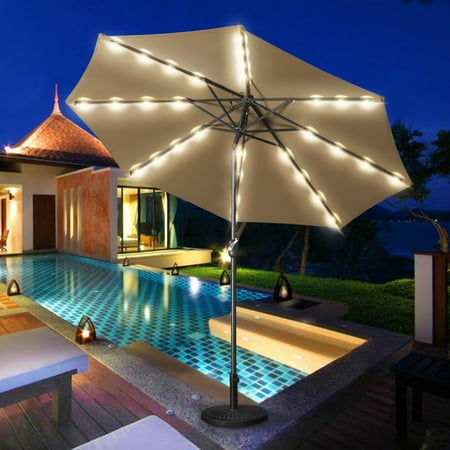 Faded Patio Umbrella Aok Garden 9 Ft LED Lighted Patio Outdoor Umbrella Solar Power Market Table Fade-Resistant Umbrella with Push Button Tilt & Crank and 8 Sturdy Ribs,Sand ()