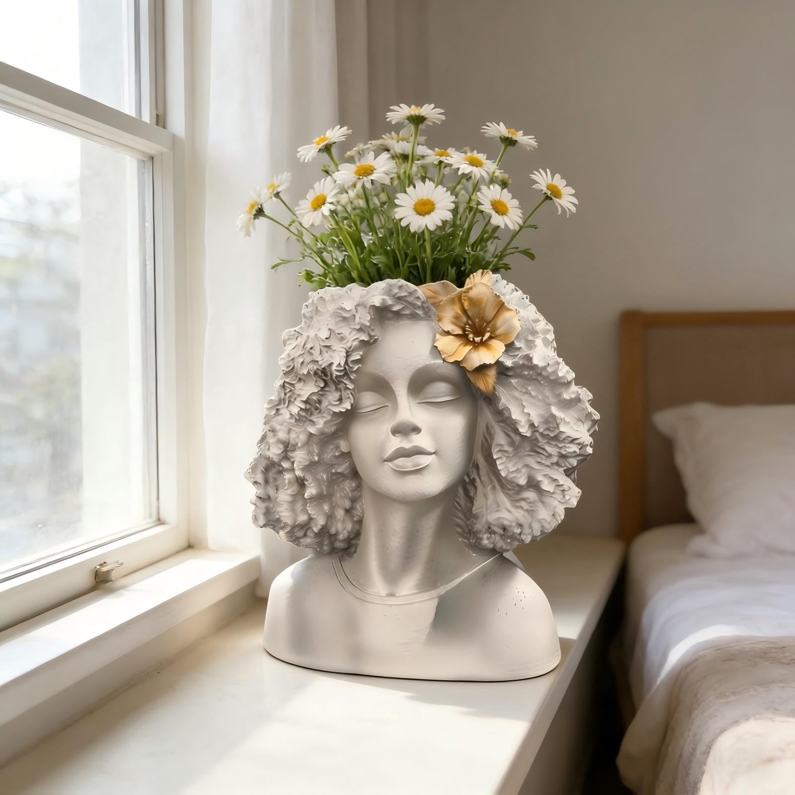 Lady Head Planter Afros Bust Head Planter Indoor/Outdoor Statue Planter Garden Outdoor Decor Vintage Sculpture Planter Gift For Plants Lovers,White,8.9L*6.5W*12.2H(inch)