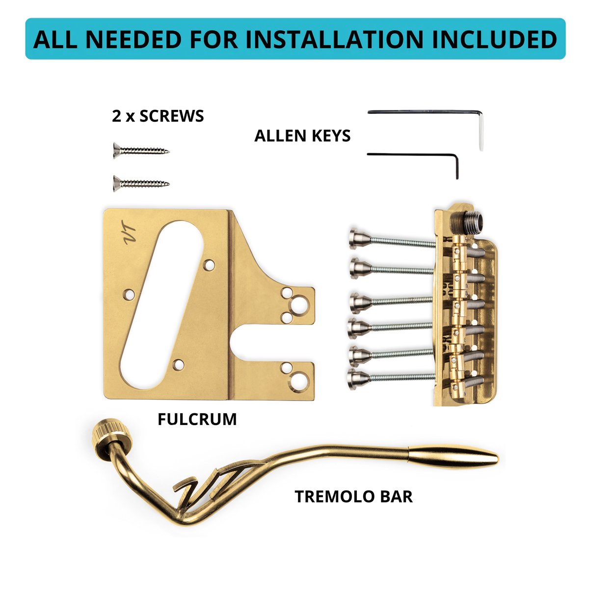 Vega-Trem VT2ND TeleTrem Modern Gold  No-Drill Tremolo for Telecaster-Style Guitars Modern 66 mm Layout, Patented 3-Pair Independent Brass Saddles, Tension-Adjustable