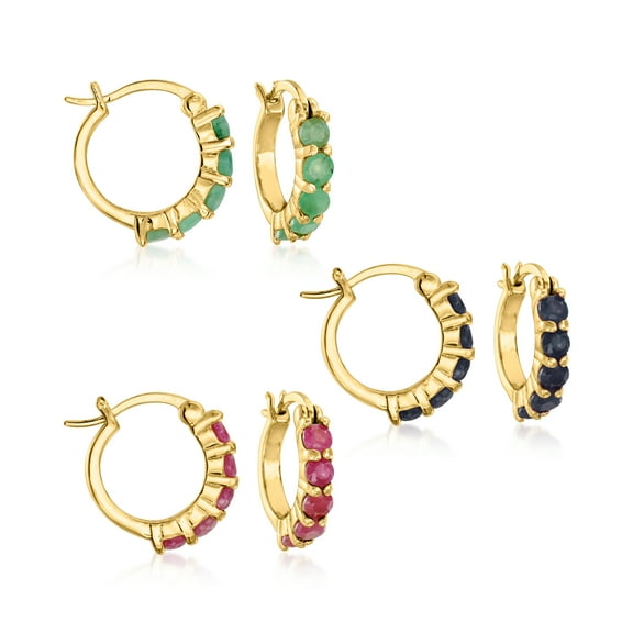 Ross-Simons 2.60 ct. t.w. Ruby, Emerald and Sapphire Jewelry Set: 3 Pairs Of Huggie Hoop Earrings, Women's, Adult