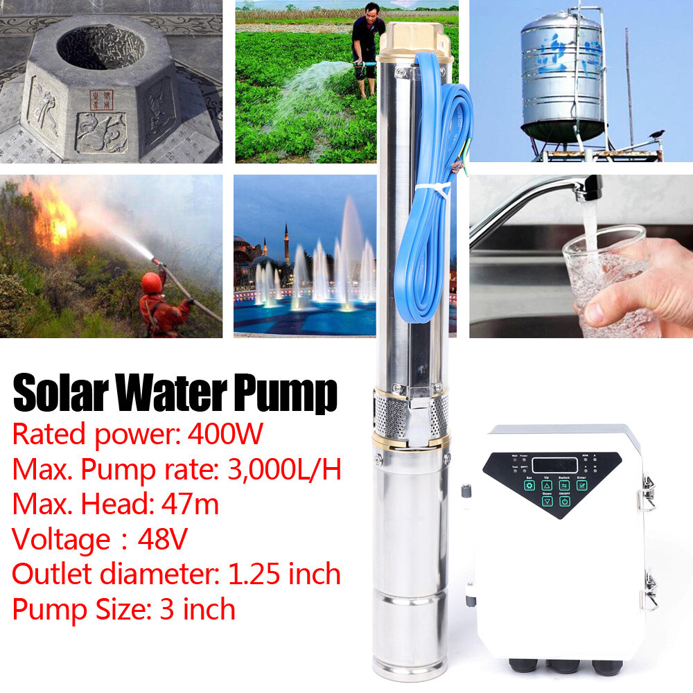 3" DC Stainless Steel Solar Water Pump Submersible Deep Bore Well Pump 48V 400W +MPPT Controller 3000L/792.5Gal/H 2.95*24.21in for Water Tanks, Reservoirs, Village or Household Water Supply