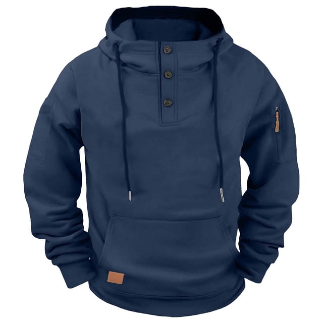 Mens Fleece Quarter Button Hoodie - Drawstring Pullover Sweatshirt for Men Fall Travel Lightweight Long Sleeve Fashion Hoodies with Pockets