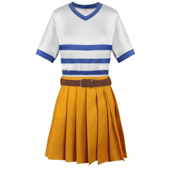 Women Nami Mini Skirt Dress Set White Blue Stripe Top Outfit with Belt