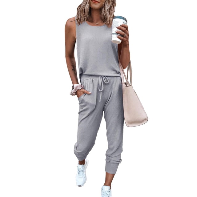 Conjunto Deportivo PRETTYGARDEN para Mujer sin Mangas con Cuello Redondo Gris M