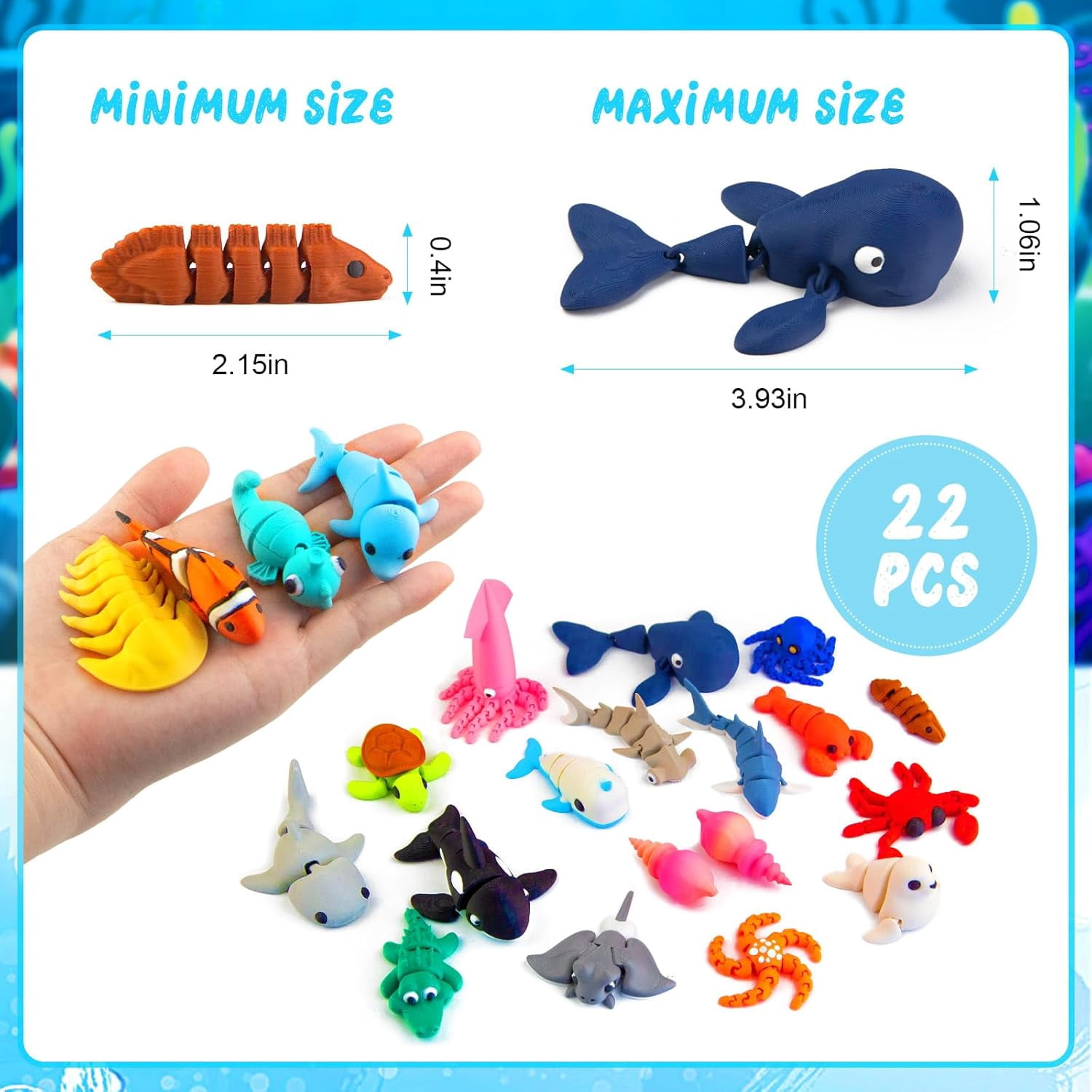Natonhi 22pcs 3D Printed Sea Animals Toys, 3D Printed Ocean Animals Articulating Flexible Fidget Toys, Cute Animal Figurines Toys for Easter Birthday Party Favors Office Desktop Home Decoration