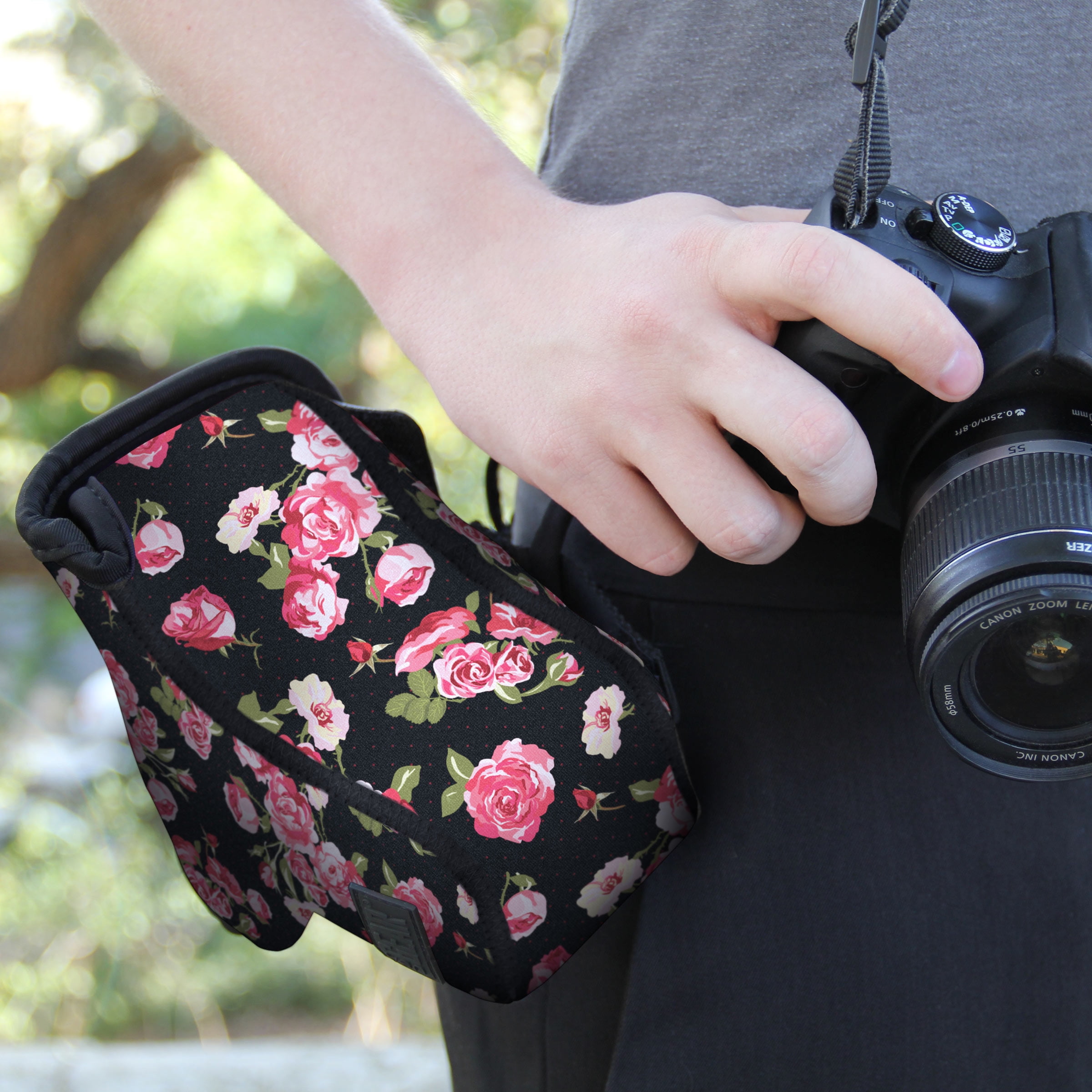 USA GEAR TrueSHOT Neoprene Floral Camera Neck Strap and Camera
