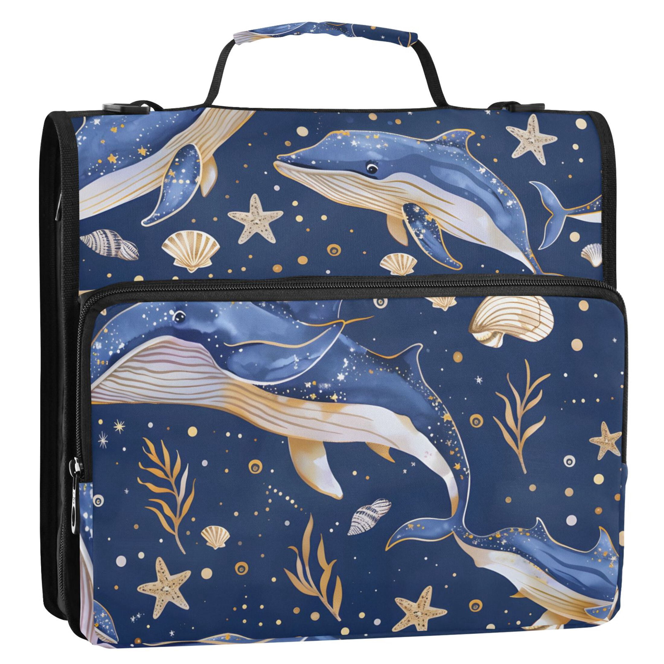 3 Ring Zipper Binder with Shoulder Strap Waterproof Trapper Keeper 2 Inch D-Ring 500 Sheets Capacity Blue Whales Star Seaweed