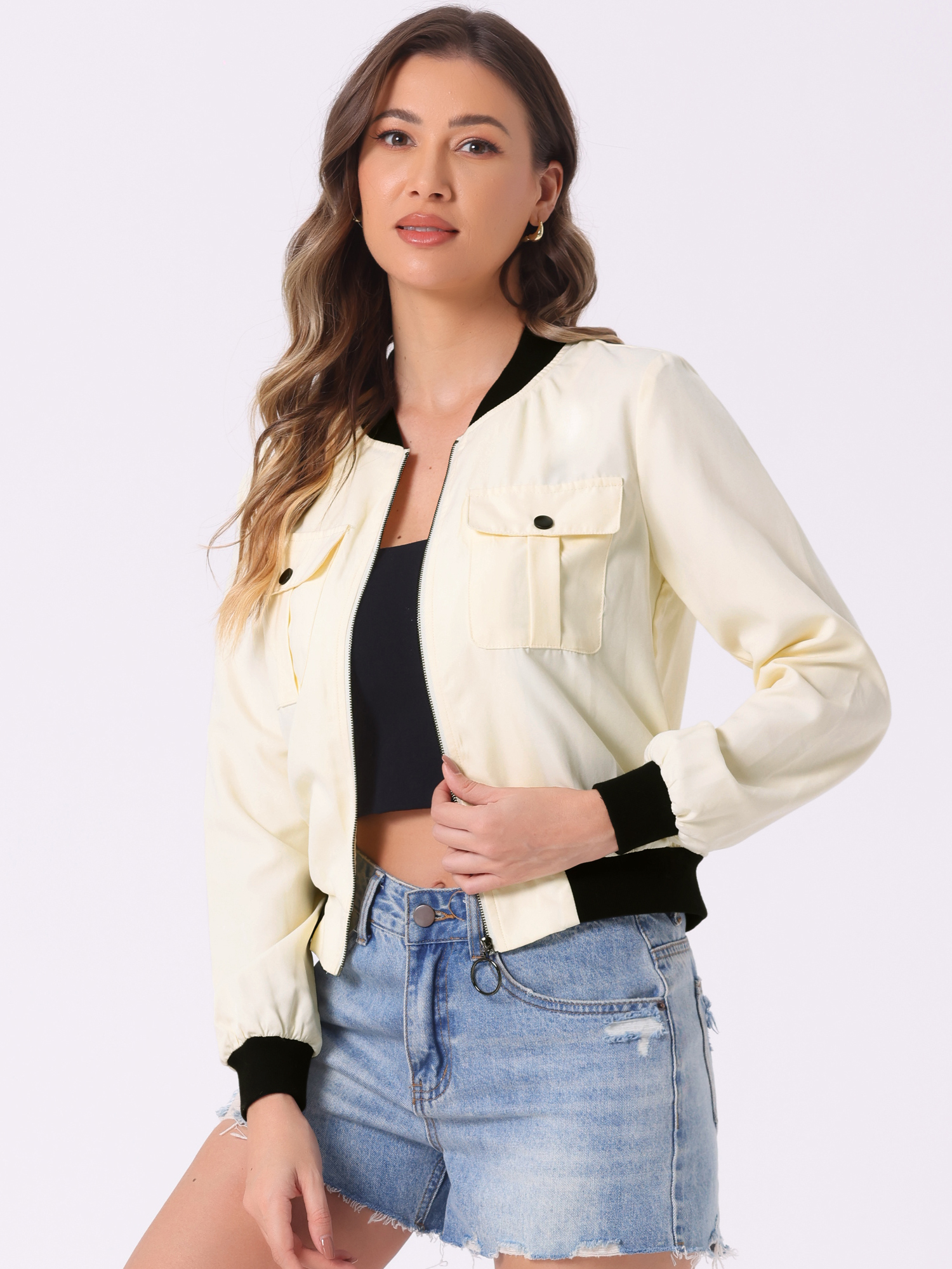 DARING DIVA Stand Collar Zip Up Flap Pocket Long Sleeve Bomber Jacket S Apricot