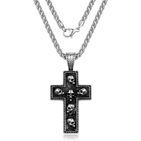 ZMY Home Gothic Skull Cross Pendant Necklace, Stainless Steel Jewelry for Biker & Punk Styles