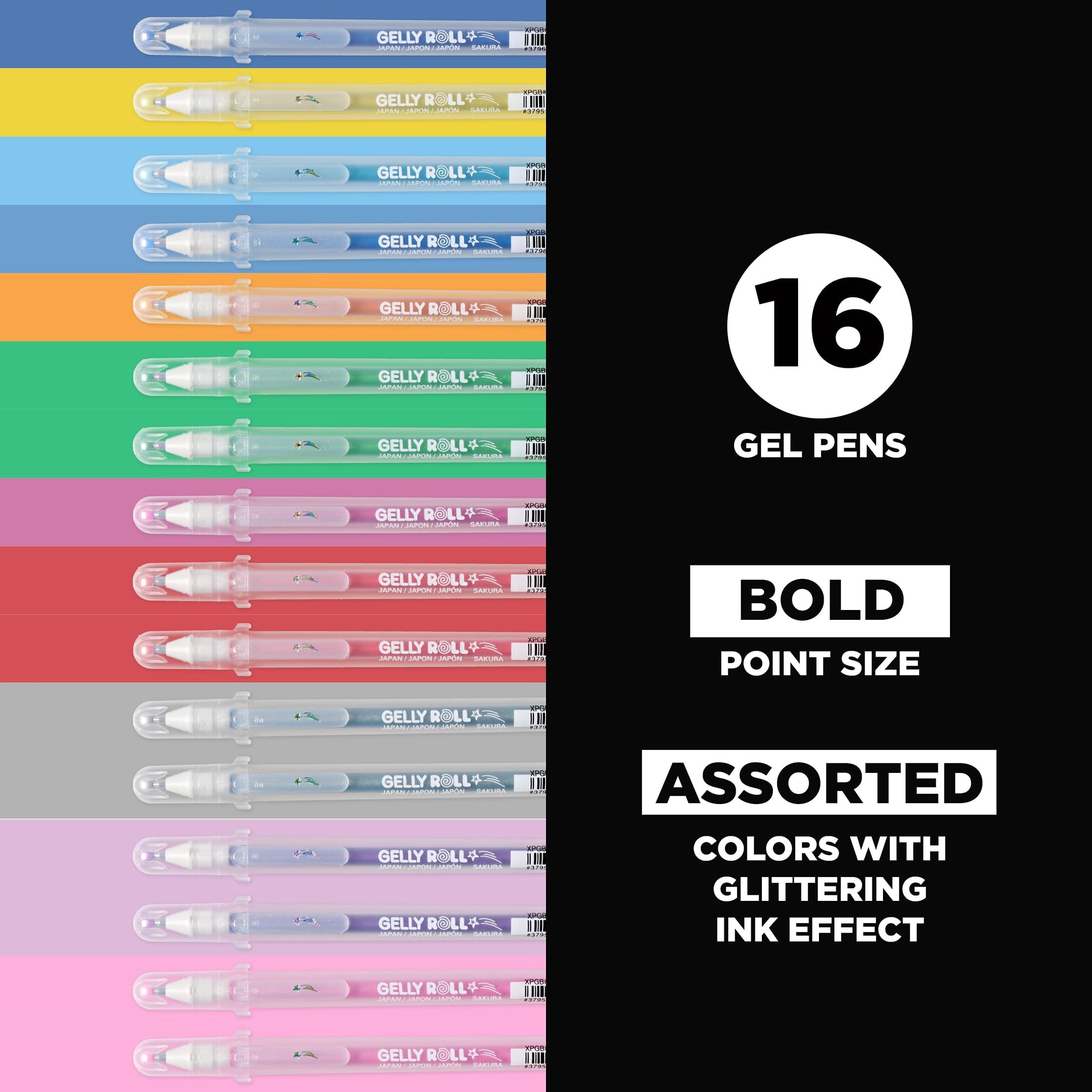 Sakura Gelly Roll Stardust Glitter Gel Pens - Bold Point Ink Pen for Lettering, Drawing, Invitations, & Stationery - Assorted Colored Ink - Bold Line - 16 Pack