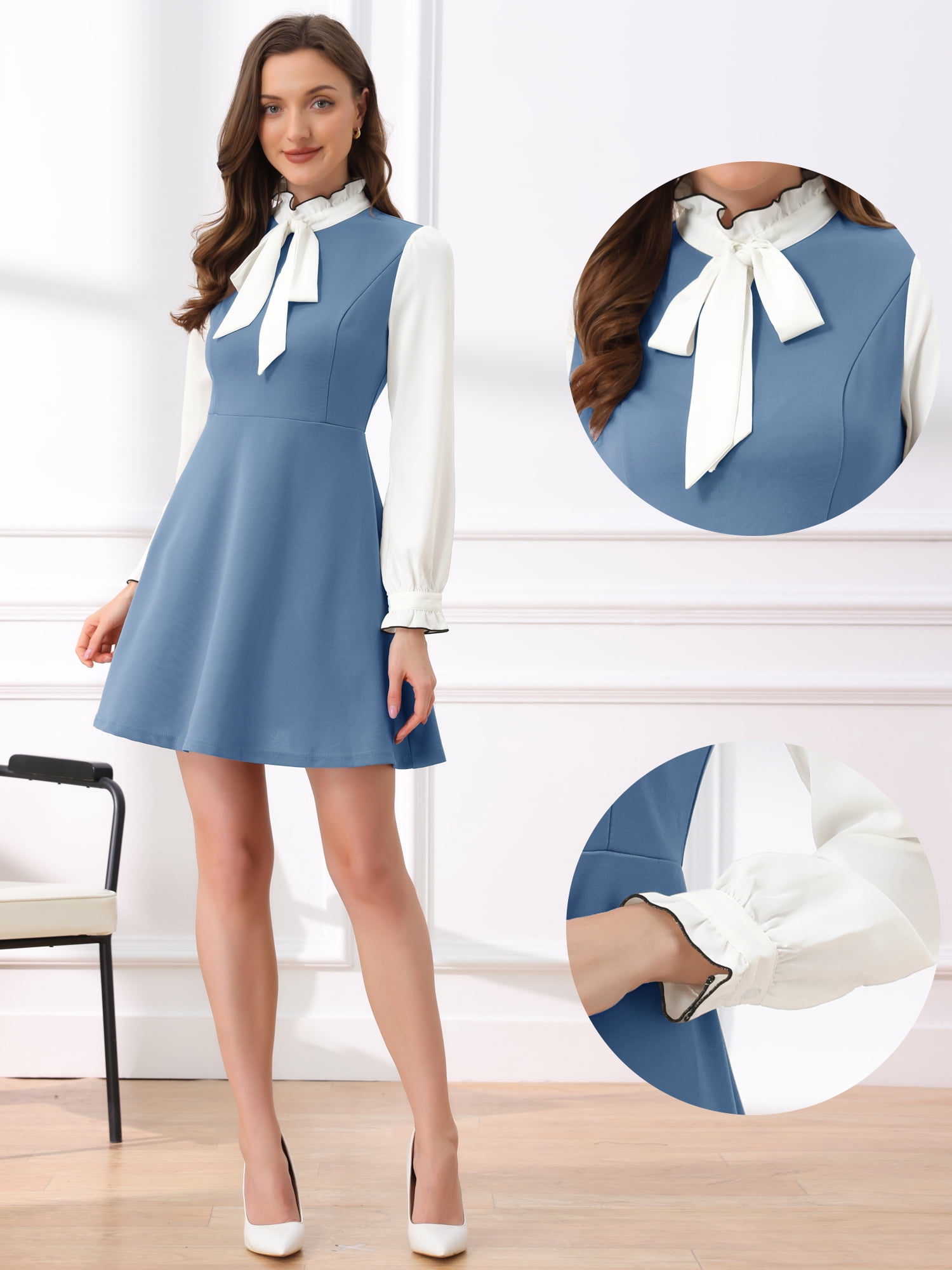 DARING DIVA Women's Tie Neck Vintage Long Sleeve Contrast Color Dress L Blue Gray
