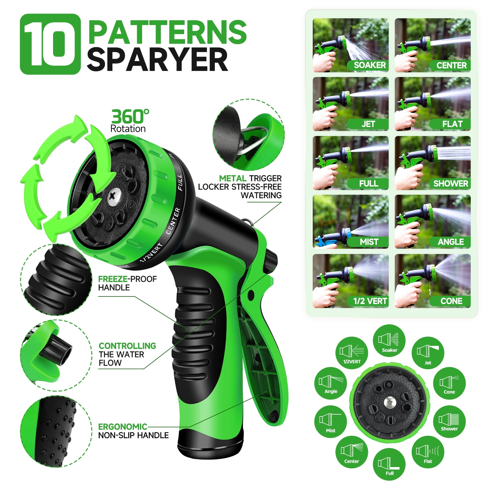 LOVFEN 50 ft Garden Hose,Non-Expanding Kink Free Flexible Water Hose with 10-Pattern Spray Nozzle, Lightweight Hose Pipe, Leak Proof, 3/4" Swivel Connectors, Super Fabric, Portable Storage Strap