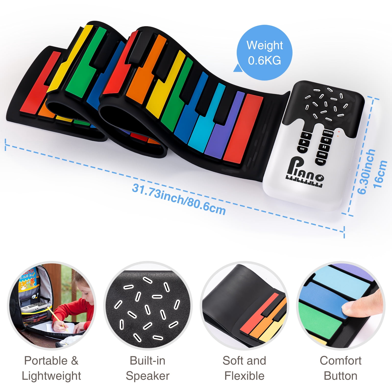 POGOLAB 49 Key Roll Up Keyboard Piano Portable Digital Electric Foldable Piano Keyboard Rechargeable 8 Tones 6 Educational Demo Songs for Beginners Adults Gift