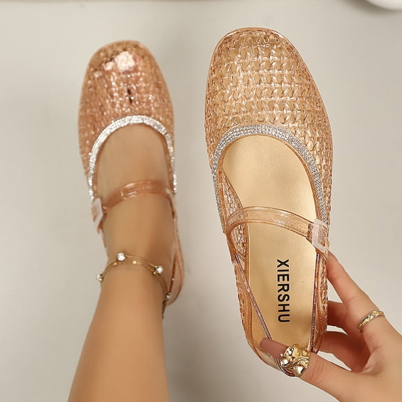 Samdudou Womens Flats Closed Toe Rhinestone Trim Mary Jane Jelly Shoes Breathable Cutout Design Buckle Strap Dressy Slip On Vacation Outdoor Everyday Sparkly Sandals