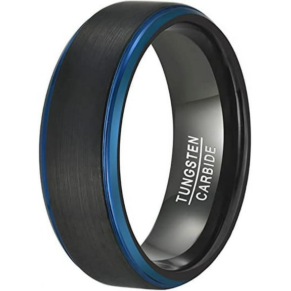 8mm Men's Black Blue Tungsten Rings Two-Tone Wedding Band with Step Edges Brushed Finish