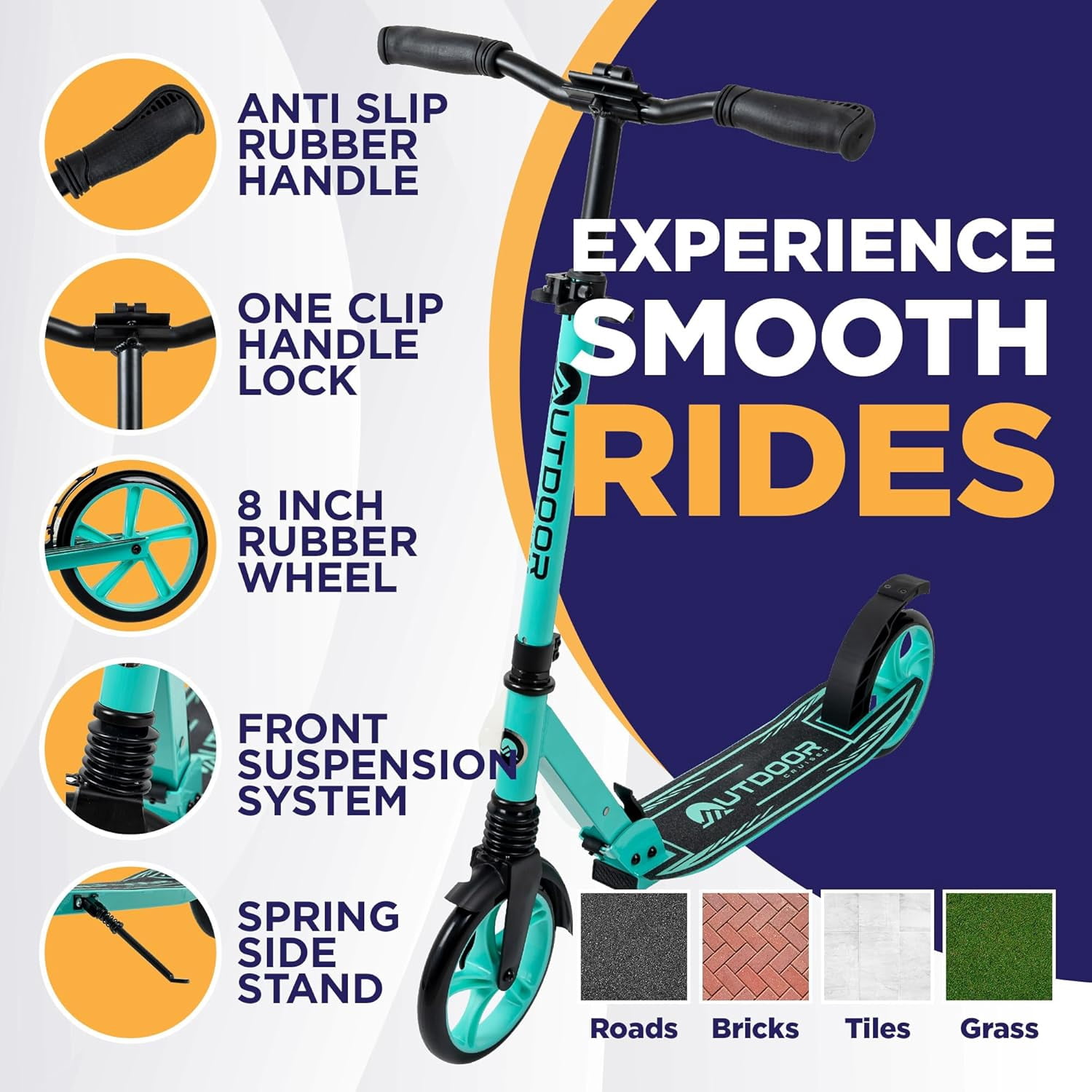 Outdoor Cruiser Kick Scooter for Ages 6+, for Kids, Teens, and Adults, Max Load 250 LBS, Foldable, 8-inch Big Wheels, Dual Suspension, 3 Adjustable Levels, Child Safety Approved, Yellow and Pink