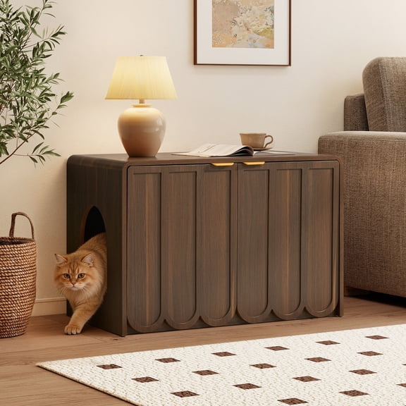 Wirrytor Wave Panel Cat Litter Box Enclosure, Modern Hidden Litter Box with Side Hooks, Multi-Use Cat Washroom Furniture for Living Room, Brown