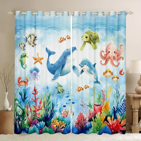 Erosebridal Cute Dolphin Curtains Pack of 2 (38x45), Cartoon Whale 30%-50% Black Out Curtains, Sea Animals Curtains for Living Room, Window Curtains Room Decor