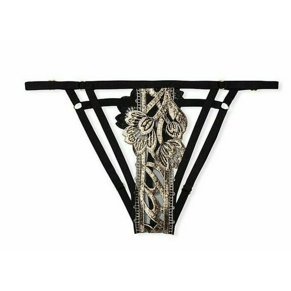Victoria's Secret Very Sexy Band of Lovers Bikini Panty Black Gold Embroidery Floral Size Medium NWT