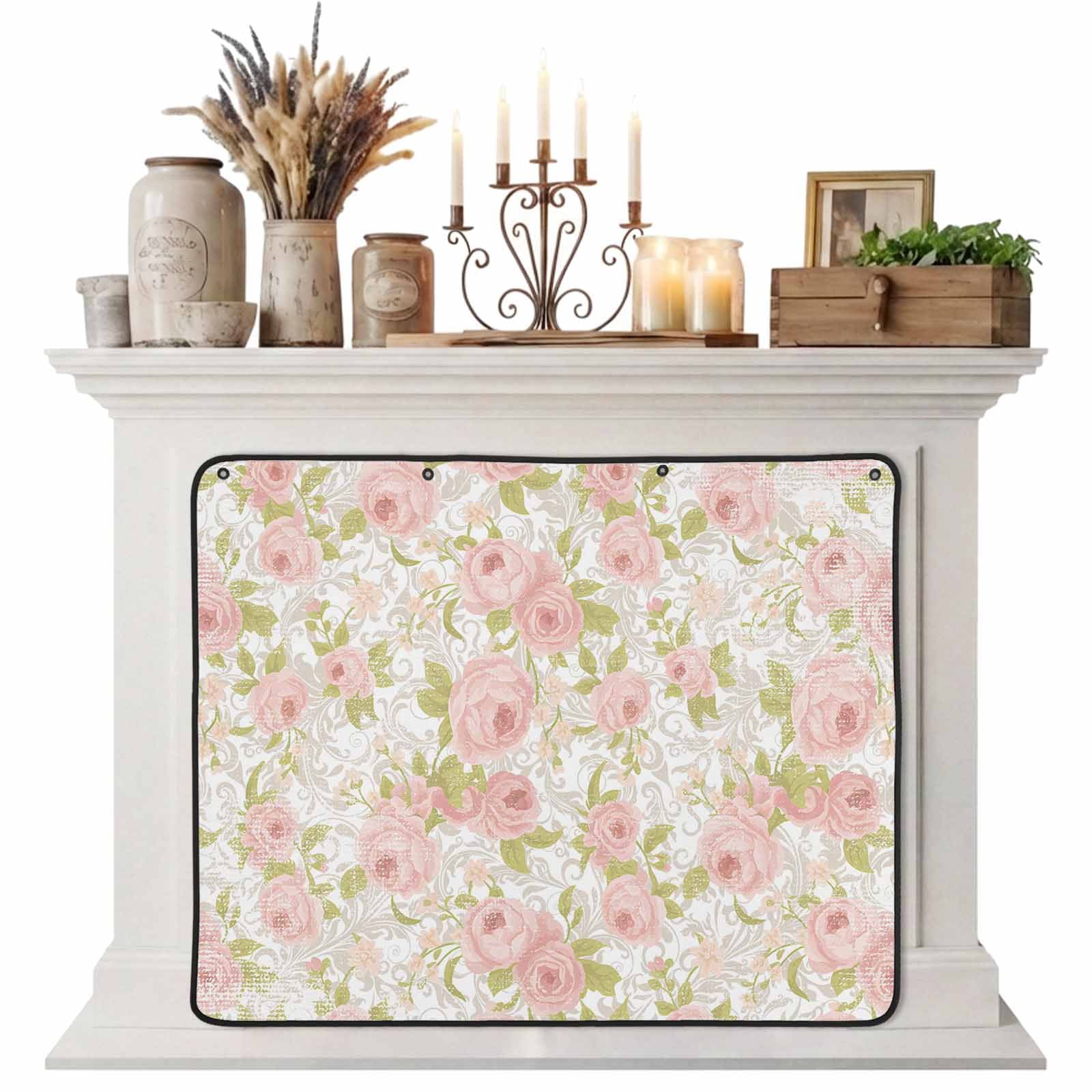 Magnetic Fireplace Cover Pink Floral Fireplace Screen Camellias Flowers Insulation Fireplace Blocker Blanket Save Energy Fireplace Draft Stopper Covers for Living Room 39x32