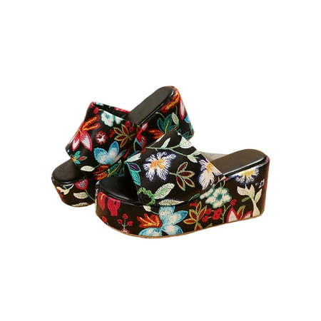 

Colisha Ladies Heels Sandal Summer Slides Floral Platform Sandals Indoor Outdoor Ethnic Wedge Shoe Slip On Casual Shoes Black 1# 7.5