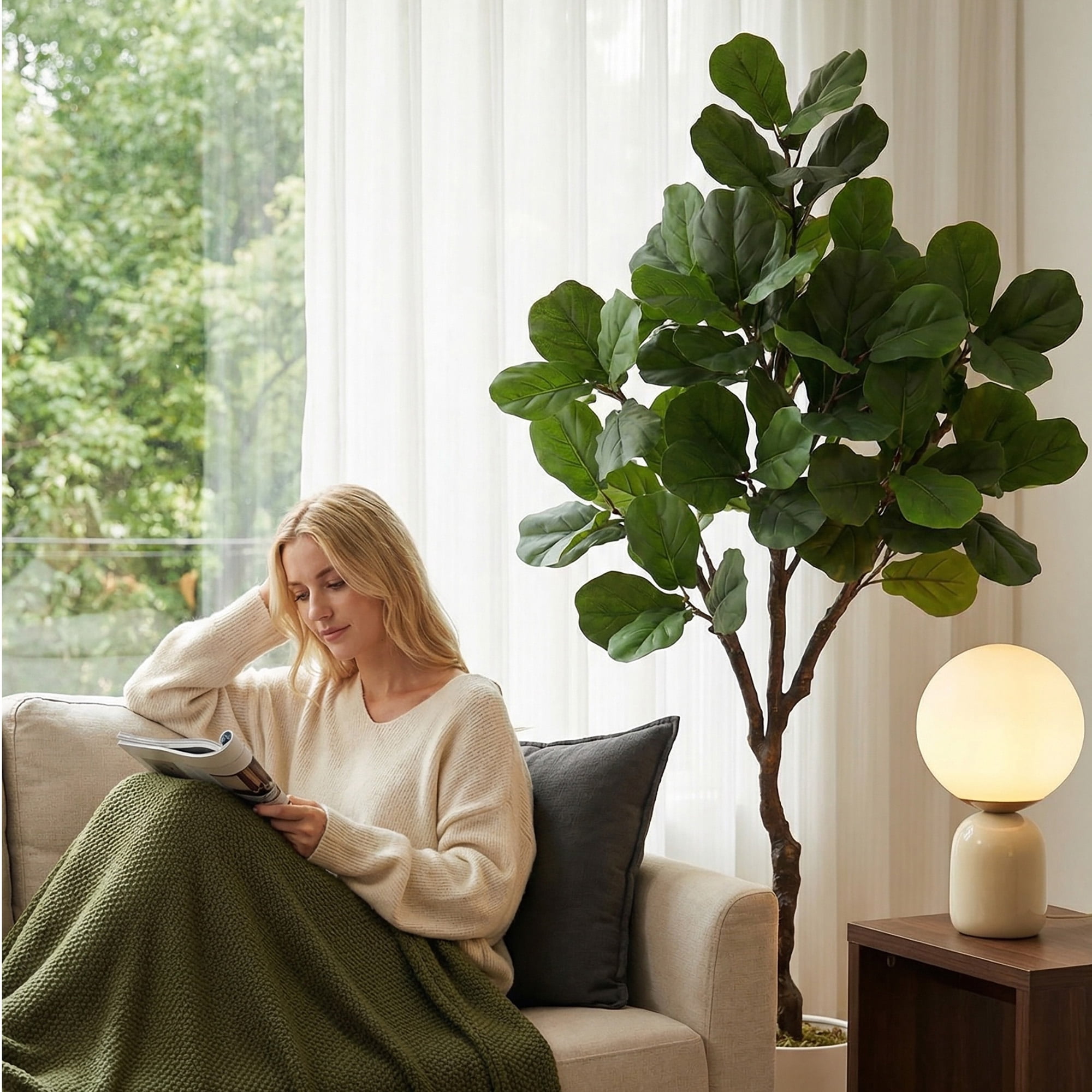 Artificial Fiddle Leaf Fig Tree 6FT Tall, Faux Ficus Lyrata Plant with Realistic Silk Leaves in Pot, Fake Floor Plant for Indoor Home Office Decor