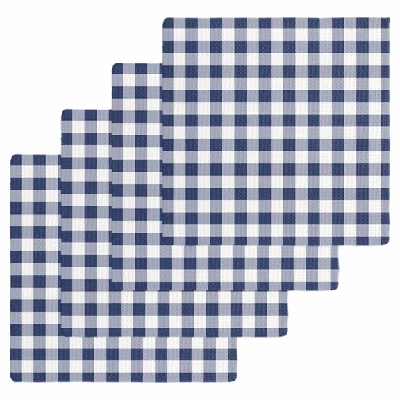 Navy Blue White Plaid Kitchen Dish Towels for Drying Dishes Set of 4, Farmhouse Checkered Buffalo Waffle Weave Microfiber Hand Tea Bathroom Towels Quick Dry & Absorbent Towel 12x12