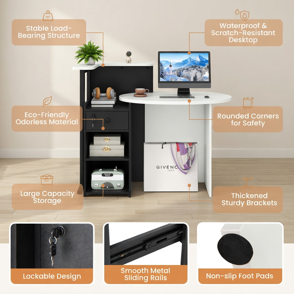Demi Bonn Front Reception Office Desk with Open Shelf and Lockable Drawer, Small Home Computer Desk Study Writing Table, White + Black