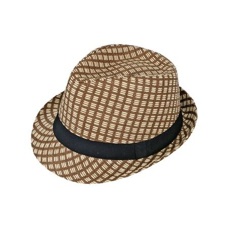 Unisex Summer Woven Straw Fedora Hat & Hat Band 738_Brown S/M