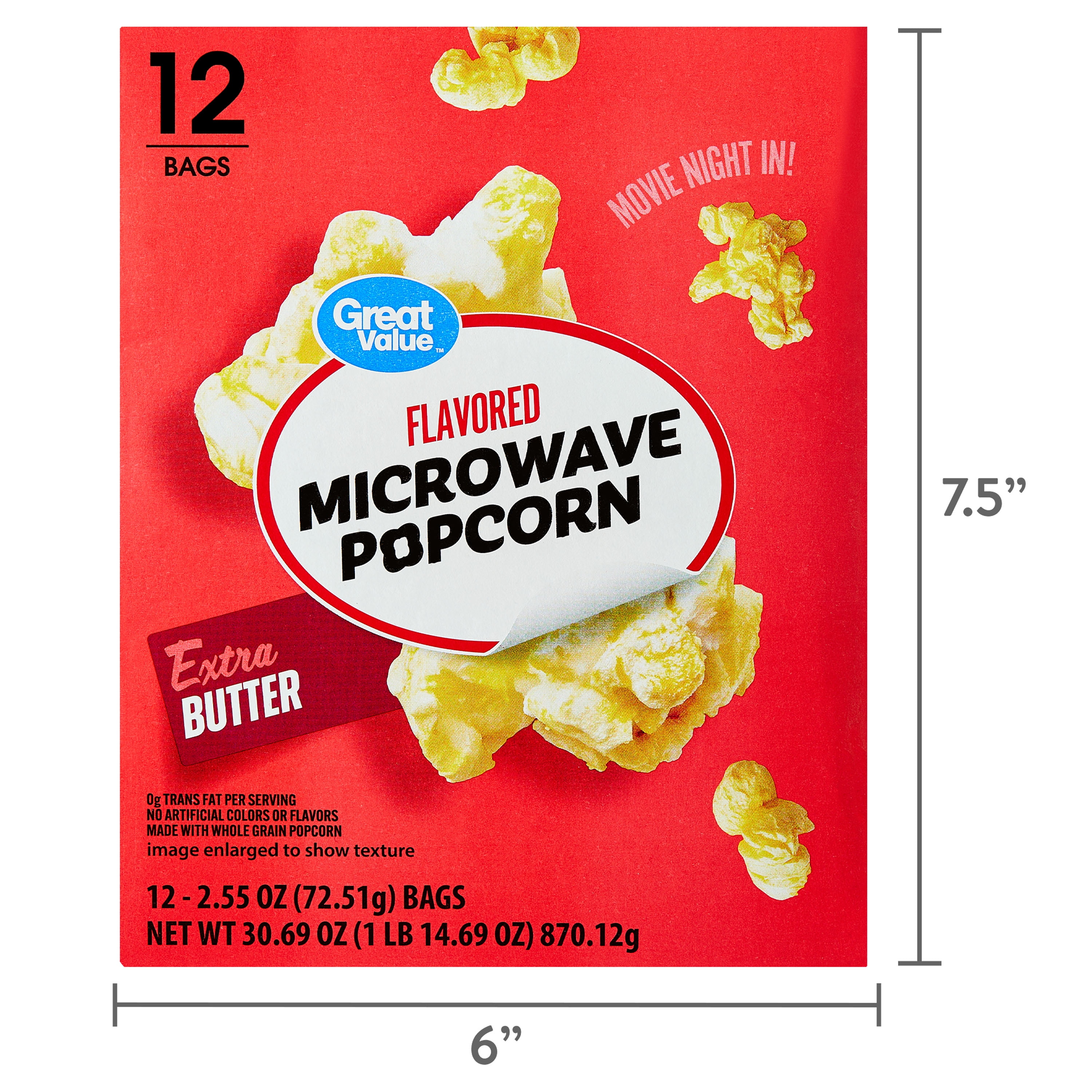 Great Value Extra Butter Flavored Microwave Popcorn, 2.55 oz, 12 Count