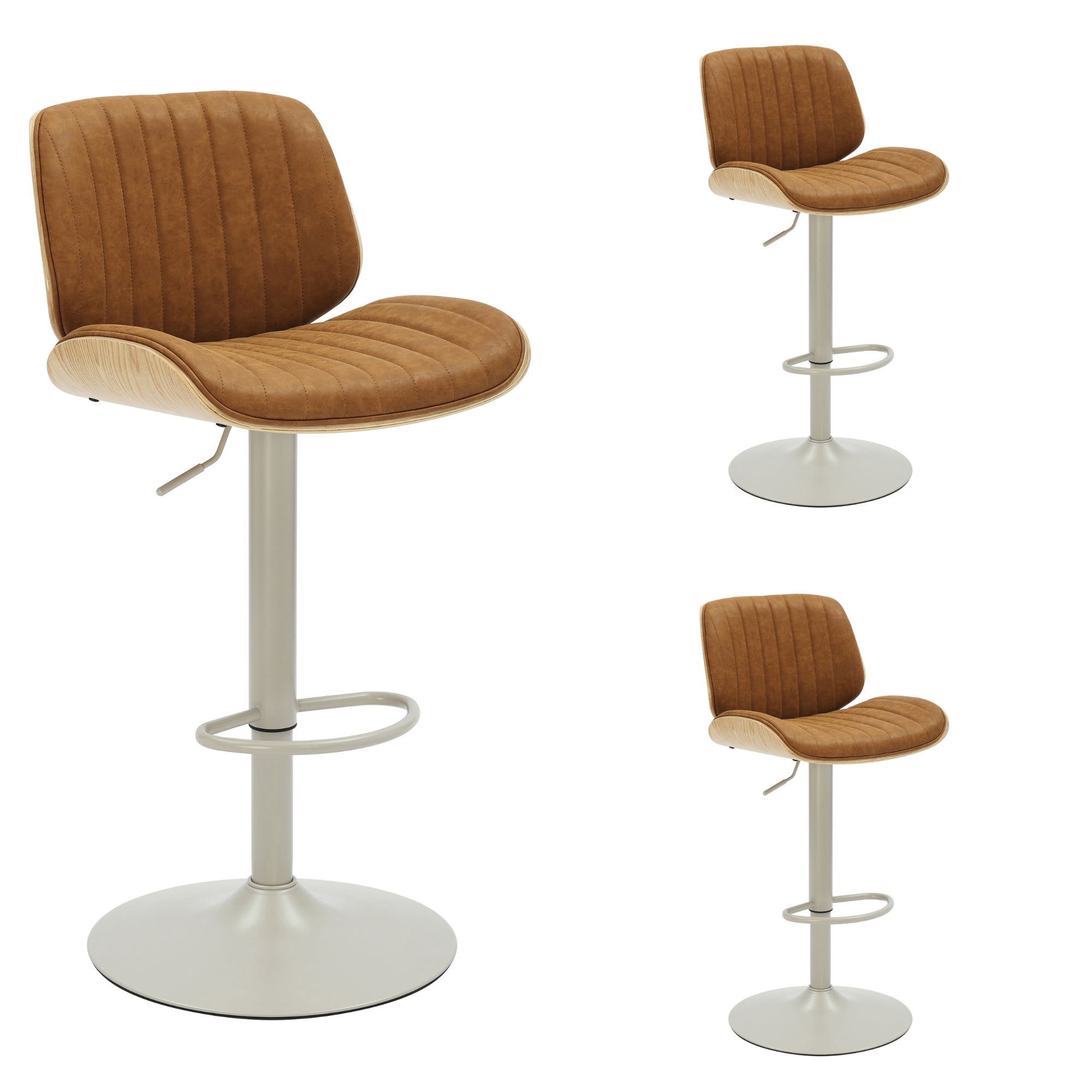 Brock Adjustable Swivel Camel Curved Back Wood Bar Stool with Faux Leather Seat Set of 3