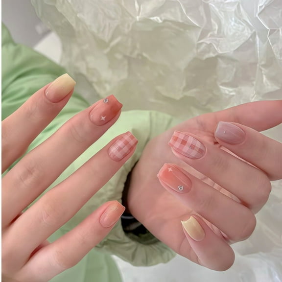 10Pcs Short Square False Press on Nails Colorful Gradient Check Fake Nails