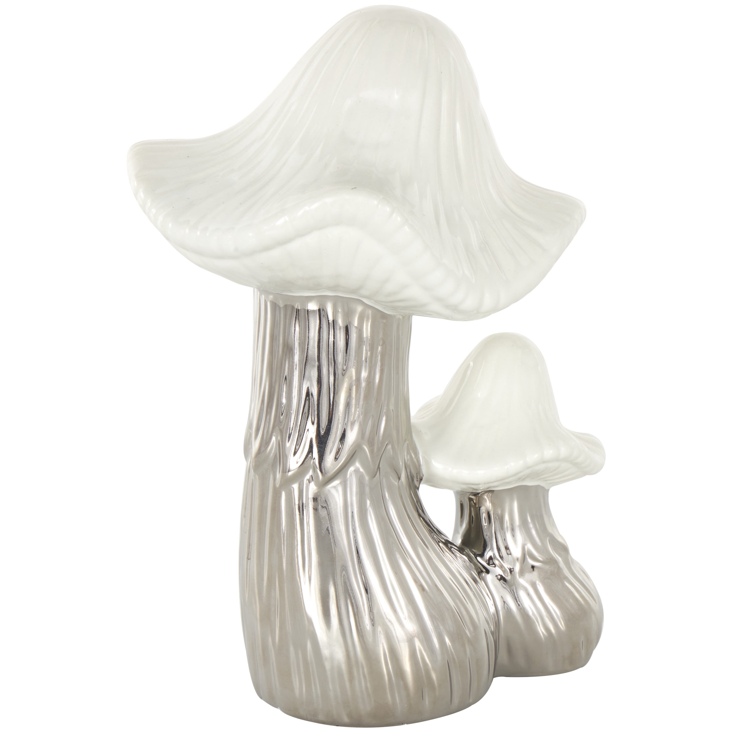 7" x 10" Silver Ceramic Mushroom Sculpture with White Tops and Textured Grooves, by DecMode