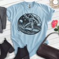 thumbnail image 2 of Astronaut Surfing T-shirt, Unisex Women's Men's Shirt, Astronaut Outer Space Surfer Cosmic, Heather Light Blue, Medium, 2 of 6